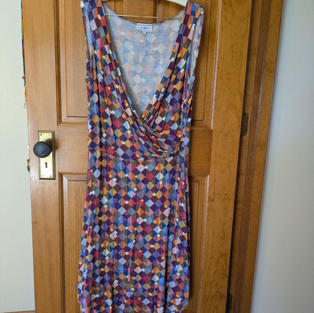 Blue Platypus Colorful Geometric v-Neck Wrap Closure Midi Dress